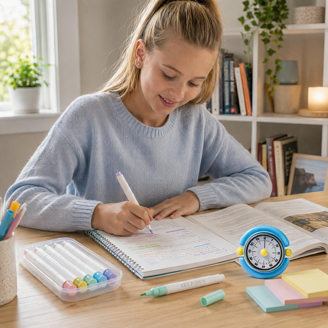 Macaron Pastel Dual-Tip Highlighter & Magnetic Mechanical Timer(Blue) Set - Visual Time Management for Study, Cooking & Productivity