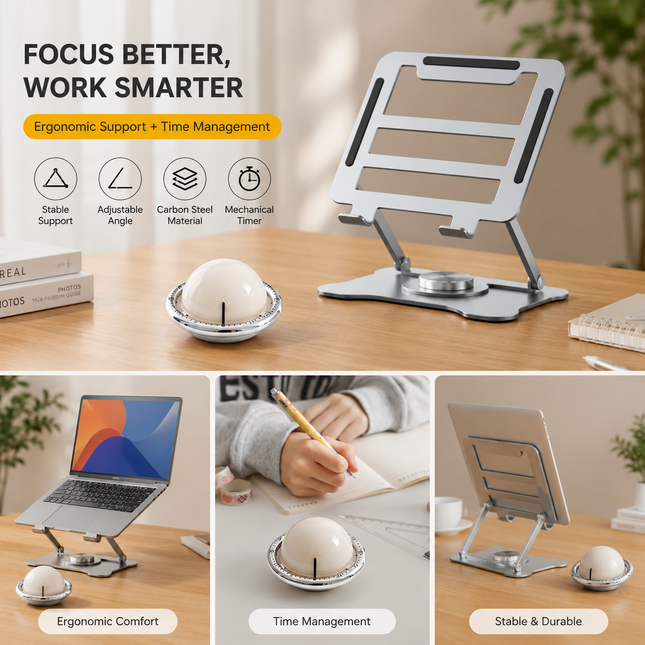 360° Rotating Laptop Stand(Silver) & Magnetic Mechanical Timer(Beige) Set - Ergonomic Cooling Desk Organizer for Study, Cooking & Productivity