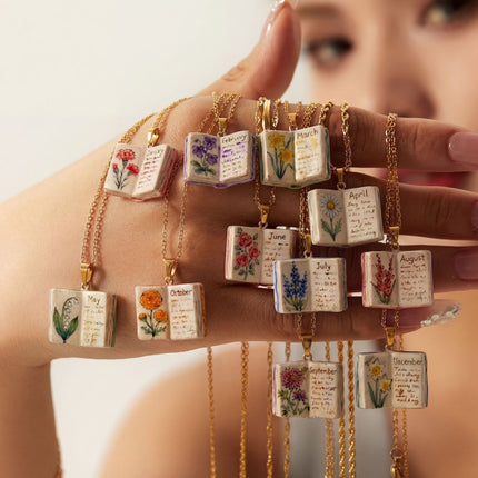 Vintage-style book necklace with December birthday flowers, a luxurious gold-plated bronze exquisite floral pendant gift