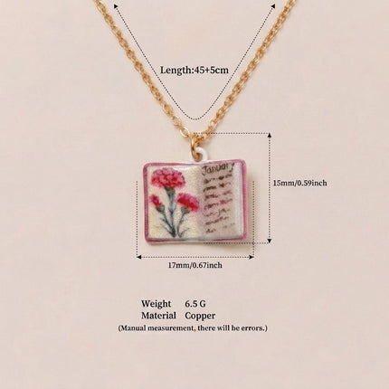 Vintage-style book necklace with January birthday flowers, a luxurious gold-plated bronze exquisite floral pendant gift