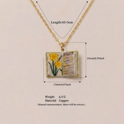 Vintage-style book necklace with March birthday flowers, a luxurious gold-plated bronze exquisite floral pendant gift