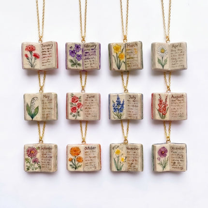 Vintage-style book necklace with March birthday flowers, a luxurious gold-plated bronze exquisite floral pendant gift