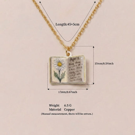 Vintage-style book necklace with April birthday flowers, a luxurious gold-plated bronze exquisite floral pendant gift