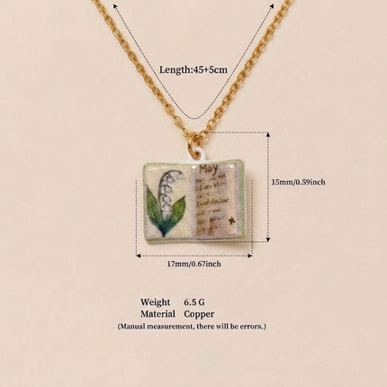 Vintage-style book necklace with May birthday flowers, a luxurious gold-plated bronze exquisite floral pendant gift