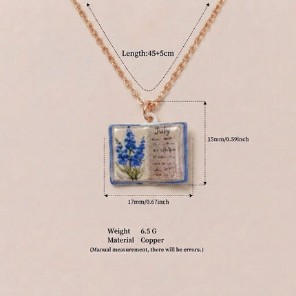 Vintage-style book necklace with July birthday flowers, a luxurious gold-plated bronze exquisite floral pendant gift