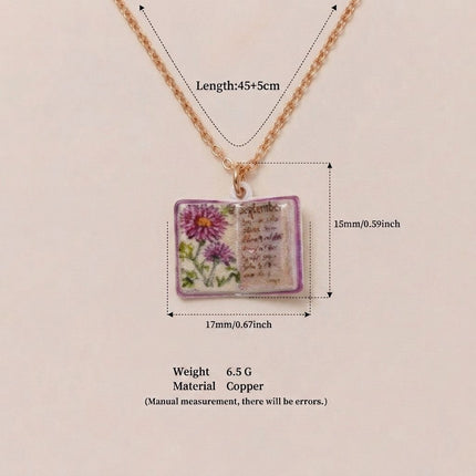 Vintage-style book necklace with September birthday flowers, a luxurious gold-plated bronze exquisite floral pendant gift