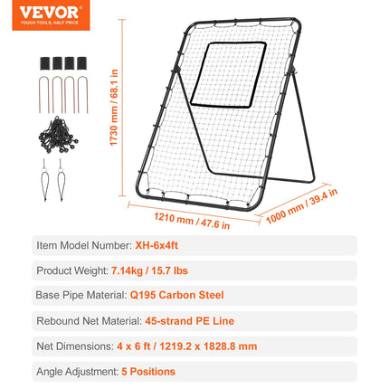 Baseball And Softball Rebounder Net, 4 x 6 Feet PitchBack Baseball Nest for Pitching and Fielding Training, Pitch Return Trainer Rebound Net with Pitching Target, 4 Adjustable Angles