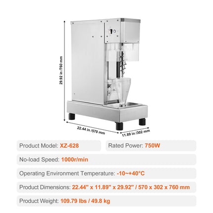 Ice Cream Blender, 750W High-Speed Ice Cream Maker Mixer Stir Machine 1740RPM, 304 Stainless Steel Ice Cream Shaker, Long Handle + PC Protective Shield, Customizable with any Flavor of Ice Cream