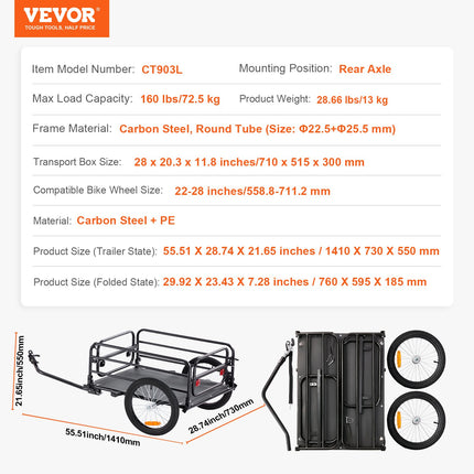 Bike Cargo Trailer, 72.5 kg Load, Heavy-Duty Bicycle Wagon Cart, Foldable Compact Storage & Quick Release with Universal Hitch, 406.4 mm Wheels, Safe Reflectors, Fits 558.8-711.2 mm Bike Wheels