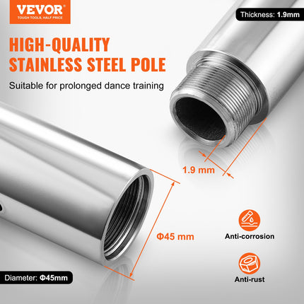 Professional Dancing Pole, Spinning Static Dancing Pole Kit, Portable Removable Pole, 45mm Heavy-Duty Stainless Steel Pole, Height Adjustable Fitness Pole, for Exercise Home Club Gym, Silver