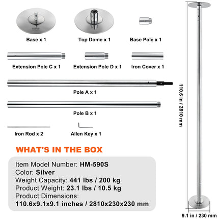 Professional Dancing Pole, Spinning Static Dancing Pole Kit, Portable Removable Pole, 45mm Heavy-Duty Stainless Steel Pole, Height Adjustable Fitness Pole, for Exercise Home Club Gym, Silver