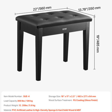 Piano Bench, 22" x 13.78" x 19", Keyboard Piano Chair with High-Density Padded Cushion, Storage Compartment for Music Books, Wooden Piano Bookcase Stool Seat, for Vanity, Living Room, Bedroom