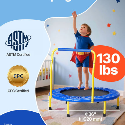 3FT Trampoline for Kids, 92 cm Trampolines Indoor/Outdoor Trampoline for Toddlers, Foldable Mini Baby Trampoline with Foam Handle, Recreational Trampoline Birthday Gift for 3+ Years Kids