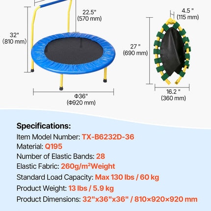 3FT Trampoline for Kids, 92 cm Trampolines Indoor/Outdoor Trampoline for Toddlers, Foldable Mini Baby Trampoline with Foam Handle, Recreational Trampoline Birthday Gift for 3+ Years Kids