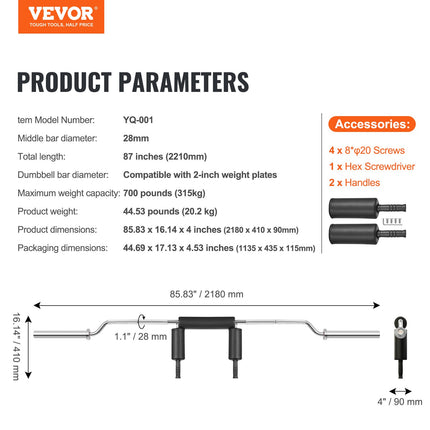Safety Squat Bar, 318kg Fitness Squat Bar, Safety Squat Bar Attachment with Shoulder and Arm Pads, 28mm Diameter Weight Bar, Ideal for Front Squats, Lunges, Rehab, Physical Therapy
