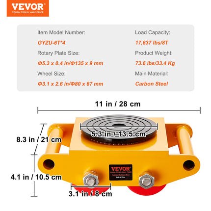 4PCS Machinery Skate Dolly, 17637LBS/8T Industrial Machinery Mover, Heavy Duty Carbon Steel Machinery Moving Skate with 4 PU Wheels and 360° Rotation Non-Slip Cap for Warehouse Workshop Factory