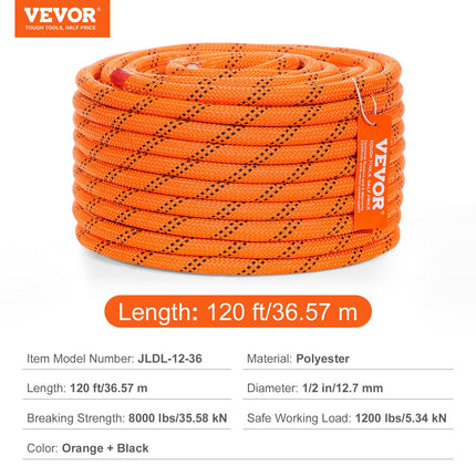 Double Braided Polyester Rope, 12.7 mm x 36.57 m, 48 Strands, 35.58kN Breaking Strength Outdoor Climbing Rope, Arborist Rigging Rope for Rock Hiking Camping Swing Rappelling Rescue, Orange/Black