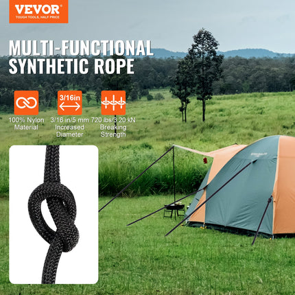 Braided Nylon Rope, 5 mm x 304.8 m, 32 Strands, 3.20kN Breaking Strength Outdoor Climbing Rope, Arborist Tree Climbing Rigging Rope Ideal for Rock Hiking Camping Swing Rappelling Rescue, Black