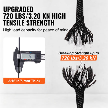 Braided Nylon Rope, 5 mm x 304.8 m, 32 Strands, 3.20kN Breaking Strength Outdoor Climbing Rope, Arborist Tree Climbing Rigging Rope Ideal for Rock Hiking Camping Swing Rappelling Rescue, Black