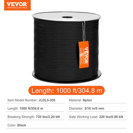 Braided Nylon Rope, 5 mm x 304.8 m, 32 Strands, 3.20kN Breaking Strength Outdoor Climbing Rope, Arborist Tree Climbing Rigging Rope Ideal for Rock Hiking Camping Swing Rappelling Rescue, Black