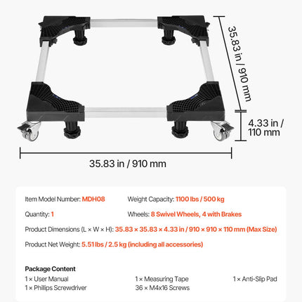 Fridge Stand Mobile Base, 1100 lbs Load Capacity, Washing Machine Stand with 8 Locking Twin Wheels and 4 Brakes, 27.5 -35.4 Inches Adjustable Furniture Dolly for Washer, Refrigerator and Dryer
