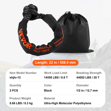 Synthetic Soft Shackle Rope, 2 Pack 12.7 x 558.8 mm 20 Ton Breaking Strength, Recovery Tow Shackles with Extra 2 Sleeves and Storage Bag for UTV, ATV, Trucks, Jeep, Off-Road Vehicles, Black