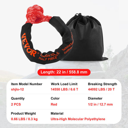 Synthetic Soft Shackle Rope, 2 Pack 12.7 x 558.8 mm 20 Ton Breaking Strength Recovery Tow Shackles with Extra 2 Sleeves and Storage Bag for UTV, ATV, Trucks, Jeep, Off-Road Vehicles Towing, Red