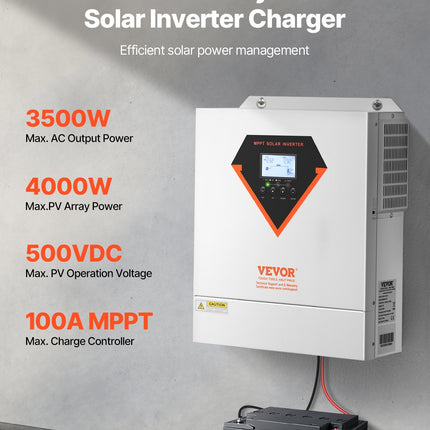 Hybrid Solar Inverter, 3500W, All in One Pure Sine Wave Power Inverter Charger, 220V AC, with Built-in 100A MPPT Solar Charger Controller, for Off-Grid System Lead Acid Lithium Battery