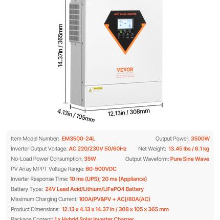 Hybrid Solar Inverter, 3500W, All in One Pure Sine Wave Power Inverter Charger, 220V AC, with Built-in 100A MPPT Solar Charger Controller, for Off-Grid System Lead Acid Lithium Battery