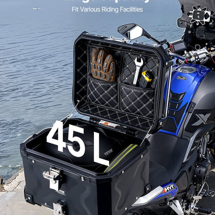 Motorcycle Top Case, Universal Aluminum Alloy Motorbike Tail Box with Leather Lining, 45L Waterproof Detachable Motorcycle Top Box with Lock & Back Cushion, Fit for 99% of Motorcycle Frames