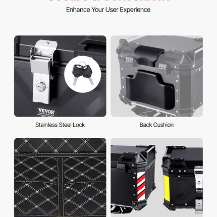 Motorcycle Top Case, Universal Aluminum Alloy Motorbike Tail Box with Leather Lining, 45L Waterproof Detachable Motorcycle Top Box with Lock & Back Cushion, Fit for 99% of Motorcycle Frames
