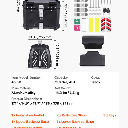 Motorcycle Top Case, Universal Aluminum Alloy Motorbike Tail Box with Leather Lining, 45L Waterproof Detachable Motorcycle Top Box with Lock & Back Cushion, Fit for 99% of Motorcycle Frames