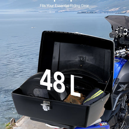 Motorcycle Top Case, Universal Durable PP Material Motorbike Tail Box with Reflective Panel, 48L Waterproof Detachable Motorcycle Top Box with Multi-Hole Base, Fit for 99% of Motorcycle Frames