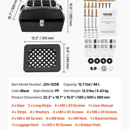 Motorcycle Top Case, Universal Durable PP Material Motorbike Tail Box with Reflective Panel, 48L Waterproof Detachable Motorcycle Top Box with Multi-Hole Base, Fit for 99% of Motorcycle Frames