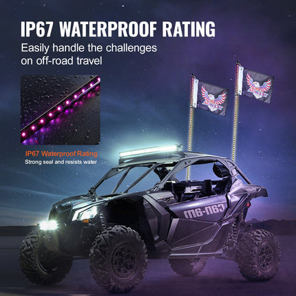2 PCS 3 FT Whip Light, APP & RF Remote Control Led Whip Light, Waterproof RGB Chasing Lighted Whips with 4 Flags, for UTVs, ATVs, Motorcycles, RZR, Can-am, Trucks, Off-road, Go-karts