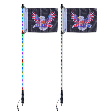 2 PCS 3 FT Whip Light, APP & RF Remote Control Led Whip Light, Waterproof RGB Chasing Lighted Whips with 4 Flags, for UTVs, ATVs, Motorcycles, RZR, Can-am, Trucks, Off-road, Go-karts