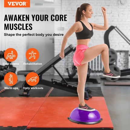 Half Exercise Ball Trainer, 23 inch Balance Ball Trainer, 660lbs Stability Ball, Yoga Ball with Resistance Bands & Foot Pump, Strength Fitness Ball for Home Gym, Full Body Workout, Purple