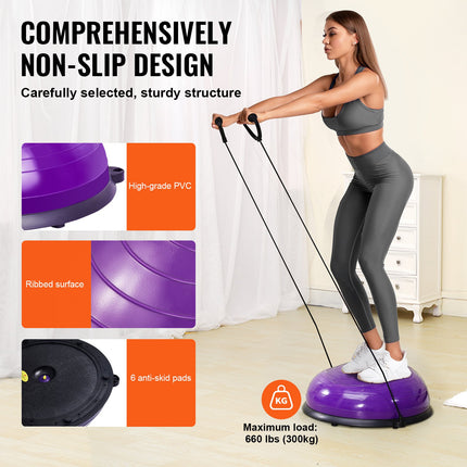 Half Exercise Ball Trainer, 23 inch Balance Ball Trainer, 660lbs Stability Ball, Yoga Ball with Resistance Bands & Foot Pump, Strength Fitness Ball for Home Gym, Full Body Workout, Purple