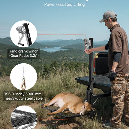 Hitch Deer Hoist with Lifting System Platform, 300 lbs Load Capacity, Game Hoist Winch Lift with 2-inch Receiver, 360-Degree Swivel Shaft & Foldable, Hitch-Mounted Deer Hanger for Moving Game