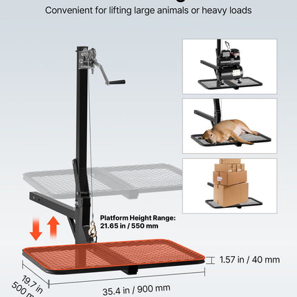 Hitch Deer Hoist with Lifting System Platform, 300 lbs Load Capacity, Game Hoist Winch Lift with 2-inch Receiver, 360-Degree Swivel Shaft & Foldable, Hitch-Mounted Deer Hanger for Moving Game