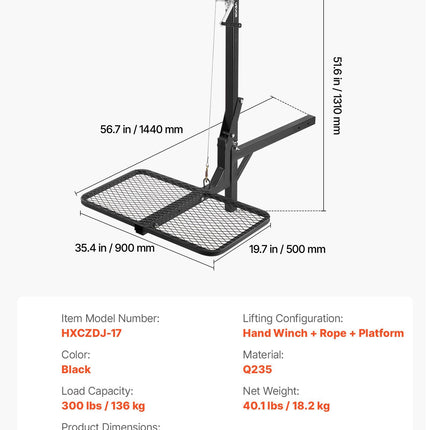 Hitch Deer Hoist with Lifting System Platform, 300 lbs Load Capacity, Game Hoist Winch Lift with 2-inch Receiver, 360-Degree Swivel Shaft & Foldable, Hitch-Mounted Deer Hanger for Moving Game