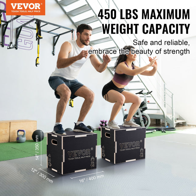3 in 1 Plyometric Jump Box, 16/14/12 Inch Wooden Plyo Box, Platform & Jumping Agility Box, Anti-Slip Fitness Exercise Step Up Box for Home Gym Training, Conditioning Strength Training, Black
