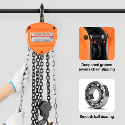 Hand Chain Hoist, 3 Ton Capacity, Manual Chain Block with Upgrade G80 Galvanized Chain, 3 m Lifting Height, Heavy Duty Pulley Hoist for Garage Warehouse Automotive Machinery, Orange