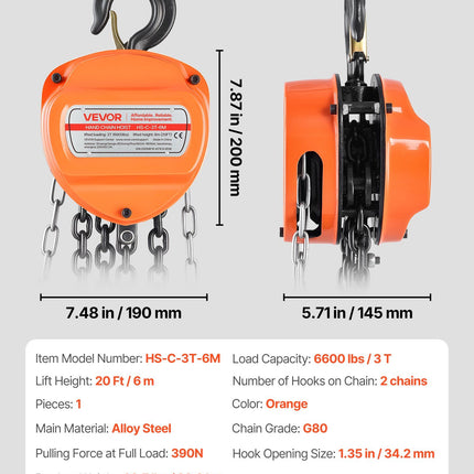 Hand Chain Hoist, 3 Ton Capacity, Manual Chain Block with Upgrade G80 Galvanized Chain, 6 m Lifting Height, Heavy Duty Pulley Hoist for Garage Warehouse Automotive Machinery, Orange