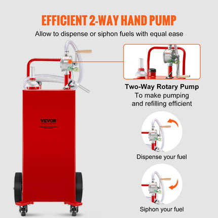 114L Fuel Caddy, Gas Storage Tank & 4 Wheels, with Manuel Transfer Pump, Gasoline Diesel Fuel Container for Cars, Lawn Mowers, ATVs, Boats, More, Red