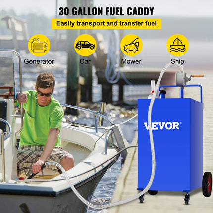 114L Fuel Caddy, Gas Storage Tank & 4 Wheels, with Manuel Transfer Pump, Gasoline Diesel Fuel Container for Cars, Lawn Mowers, ATVs, Boats, More, Blue