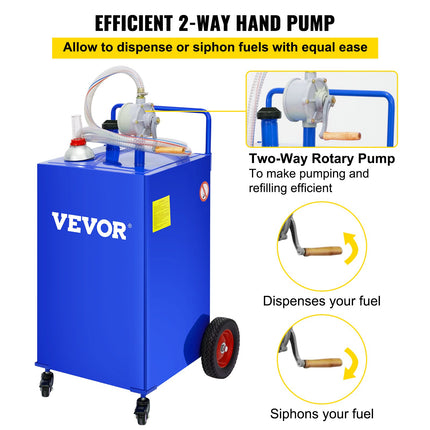 114L Fuel Caddy, Gas Storage Tank & 4 Wheels, with Manuel Transfer Pump, Gasoline Diesel Fuel Container for Cars, Lawn Mowers, ATVs, Boats, More, Blue