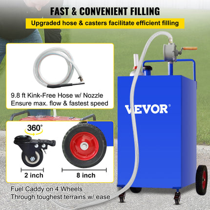 114L Fuel Caddy, Gas Storage Tank & 4 Wheels, with Manuel Transfer Pump, Gasoline Diesel Fuel Container for Cars, Lawn Mowers, ATVs, Boats, More, Blue