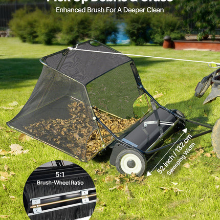 26.7 cm Tow Behind Lawn Sweeper, 26 cu.ft. Large Yard Sweeper, Adjustable Sweeping Height, Heavy Duty Leaf & Grass Collector with Dumping Rope, Pull Behind Sweepers for Debris Grass Clippings