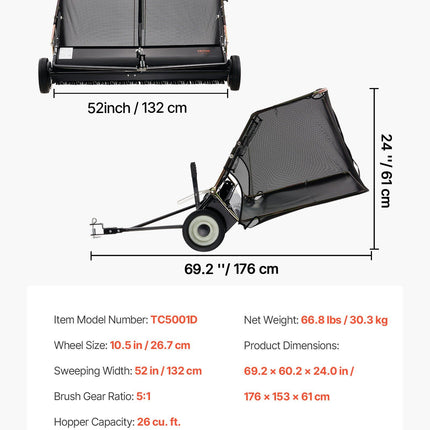 26.7 cm Tow Behind Lawn Sweeper, 26 cu.ft. Large Yard Sweeper, Adjustable Sweeping Height, Heavy Duty Leaf & Grass Collector with Dumping Rope, Pull Behind Sweepers for Debris Grass Clippings